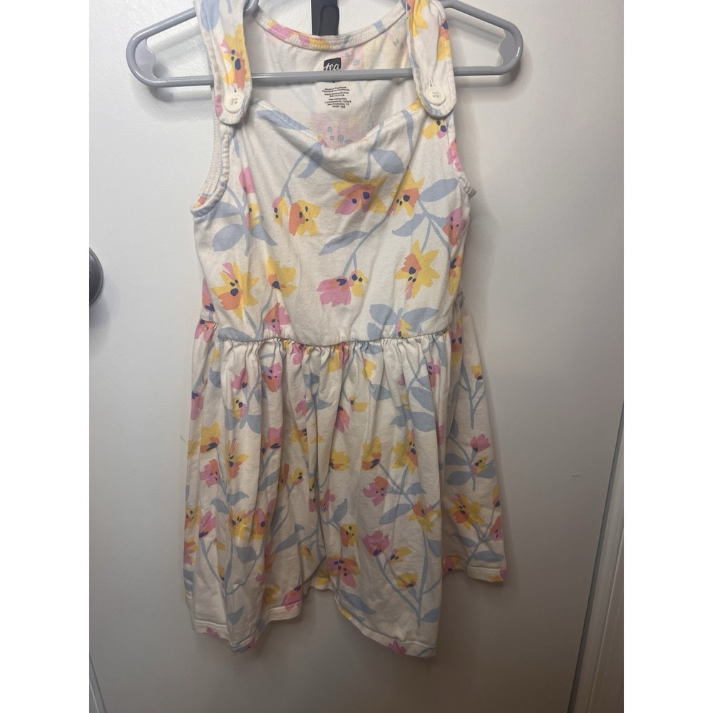 Tea Girls Dress White with Floral Print Size 5 Button Strap